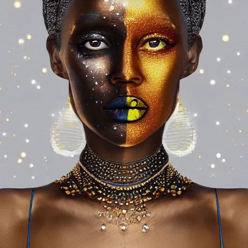 Image similar to Woman with colored face, standing in gold foil, her face in discs, she has a diamond eye, orange lips photorealism