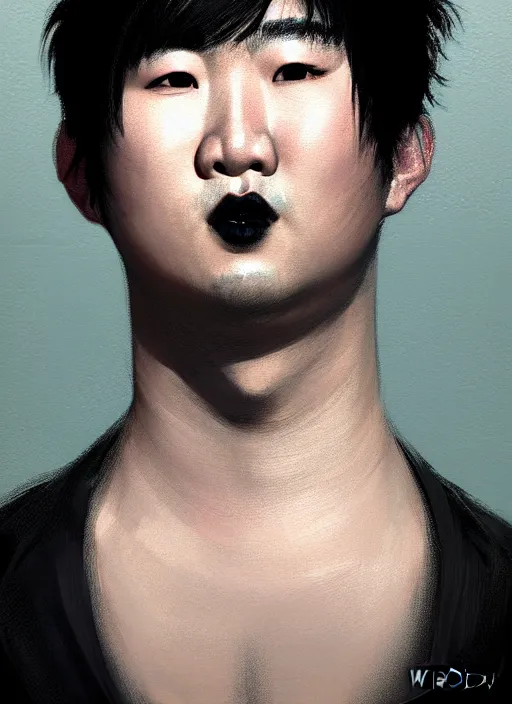 Image similar to portrait of a plump korean man with a crooked nose and a confident expression, 1 9 6 0 s, black clothes, goth, punk, brightly coloured hair, funk, intricate, elegant, highly detailed, digital painting, artstation, concept art, smooth, sharp focus, illustration, art by wlop, mars ravelo and greg rutkowski