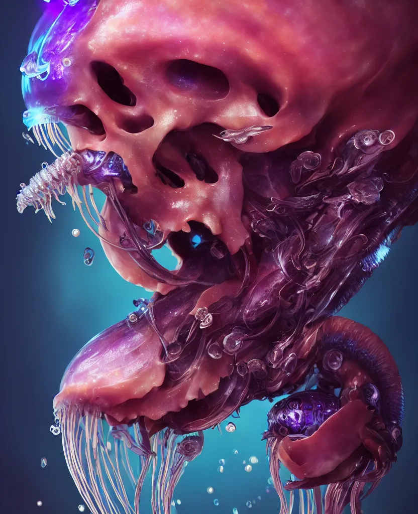 Image similar to goddess close-up portrait animal skull. jellyfish phoenix head, nautilus, orchid, skull, betta fish, bioluminiscent creatures, intricate artwork by Tooth Wu and wlop and beeple. octane render, trending on artstation, greg rutkowski very coherent symmetrical artwork. cinematic, hyper realism, high detail, octane render, 8k