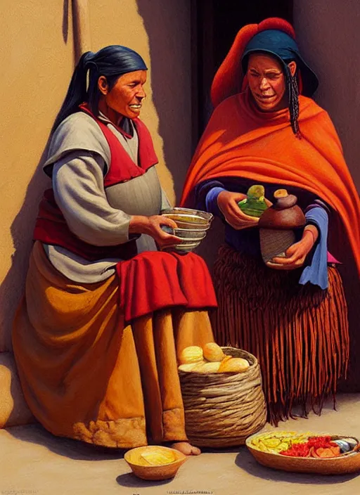 Prompt: a beautiful painting of an incan woman exchanging food and fabrics with another incan woman, art by christophe vacher