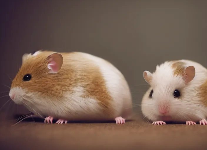 Image similar to photo of a two hamsters laying inside a bed, cinematic color grading, various poses, soft light, faded colors, well framed, sharp focus, 8 k