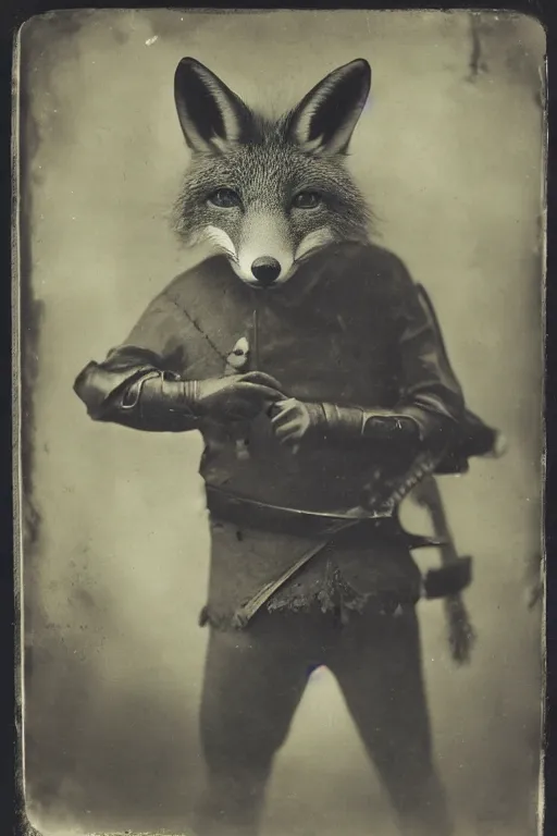 Image similar to a wet plate photo of an anthropomorphic fox dressed as robin hood