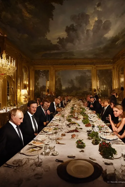 Image similar to zelensky and vladimir putin dinner, 8 k, hdr, great light, by greg rutkowski and annie leibowitz