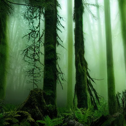 Prompt: pacific northwest rain forest, green, brown, realistic, monster hidden in background, photograph, twilight, fog