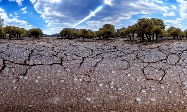 Image similar to beautiful panorama of many magnificent big upside-down raindrops in a perfect cloudless blue sky above a dried up river, desolate land, dead trees, blue sky, hot and sunny highly-detailed, elegant, dramatic lighting, artstation, 4k, cinematic landscape, masterpiece photograph by National Geographic