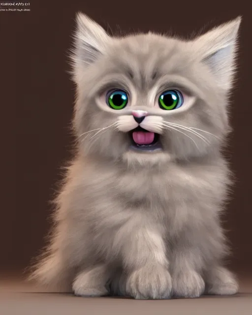 Image similar to cute fluffy kitten looking into the camera, big eyes, 3 d render, pixar style, octane render, very detailed
