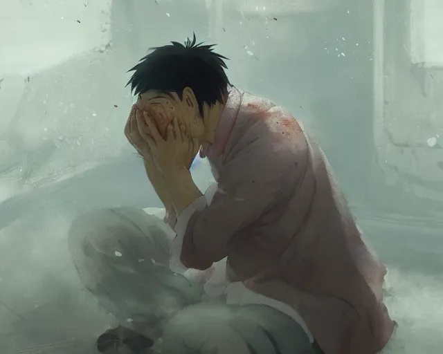 Image similar to a 50 year old brunnete chinese man with puffy cheeks bursting in tears on the floor, horror scene, dramatic, close up shot, anime art, Greg Rutkowski, studio ghibli, dramatic lighting