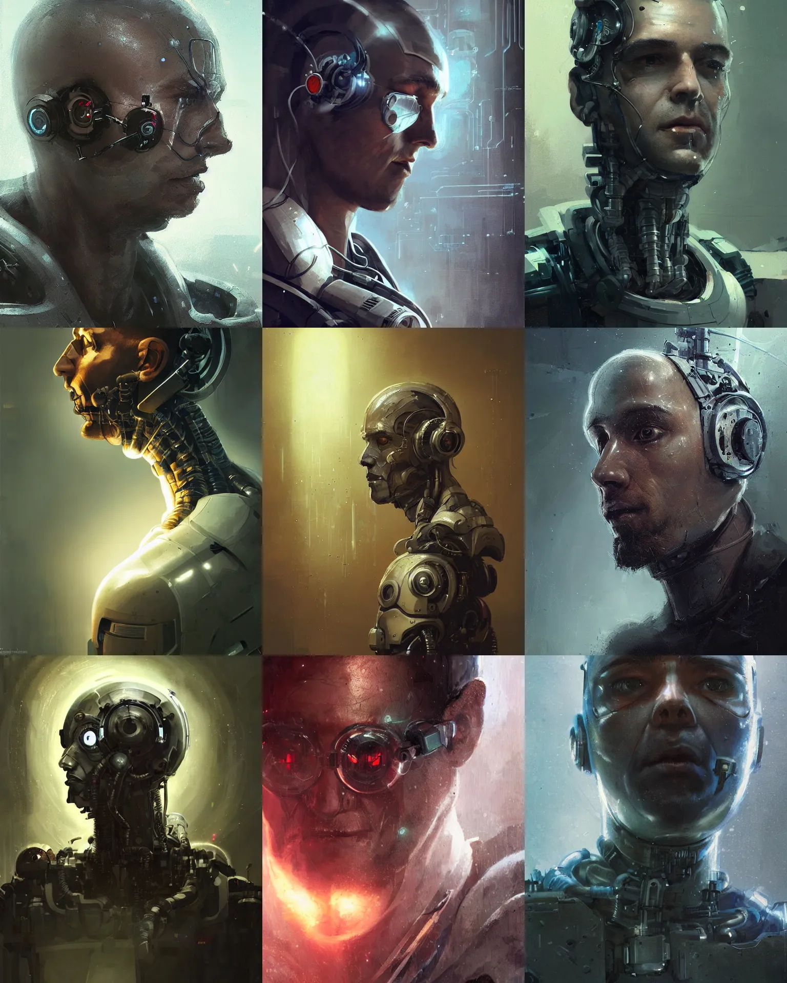 Image similar to a laboratory technician man with cybernetic enhancements seen from a distance, scifi character portrait by greg rutkowski, craig mullins, 1 / 4 headshot, cinematic lighting, dystopian scifi outfit, profile picture, mechanical, cyborg, half robot