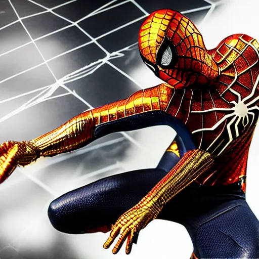 Image similar to gold spider - man suit with black web lining, cinematic, volumetric lighting, realistic, hyperdetailed, photorealistic, photograph