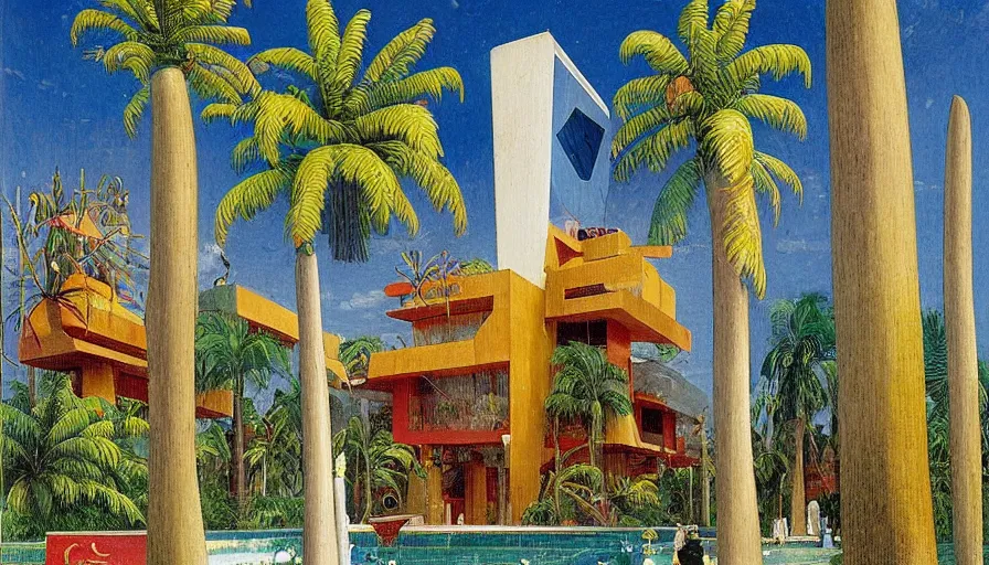 Prompt: 1 9 9 8 brazilian the fool card mansion designed by arthur bispo do rosario, jules bastien - lepage, tarsila do amaral, frank weston and gustave baumann, major arcana, palm trees, f - 9 1 / 1 2 5, brutalism, sharp focus, colorful refracted sparkles, star lines, soft light, 8 k