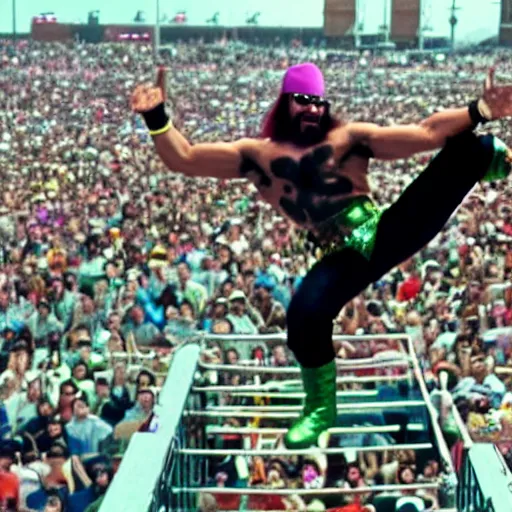 Prompt: Macho Man Randy Savage performing elbow drop from extreme height. Extreme wide angle!! very low perspective! High Quality, 4k