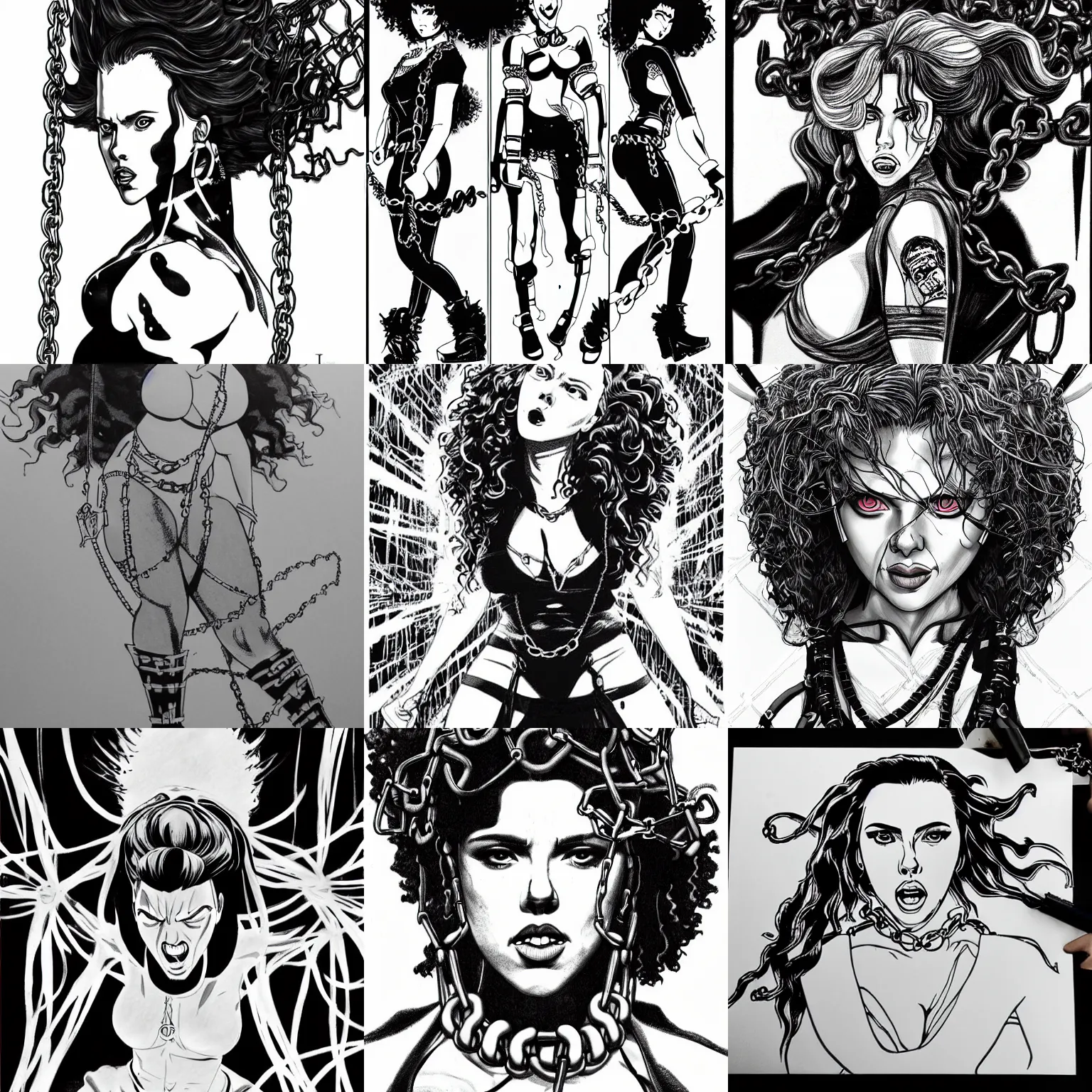 Prompt: full body profile, symmetrical plus size scarlett johansson as a vampire swinging chains, action scene, movement effects, motion blur, afro samurai anime style, black and white, pencil and ink