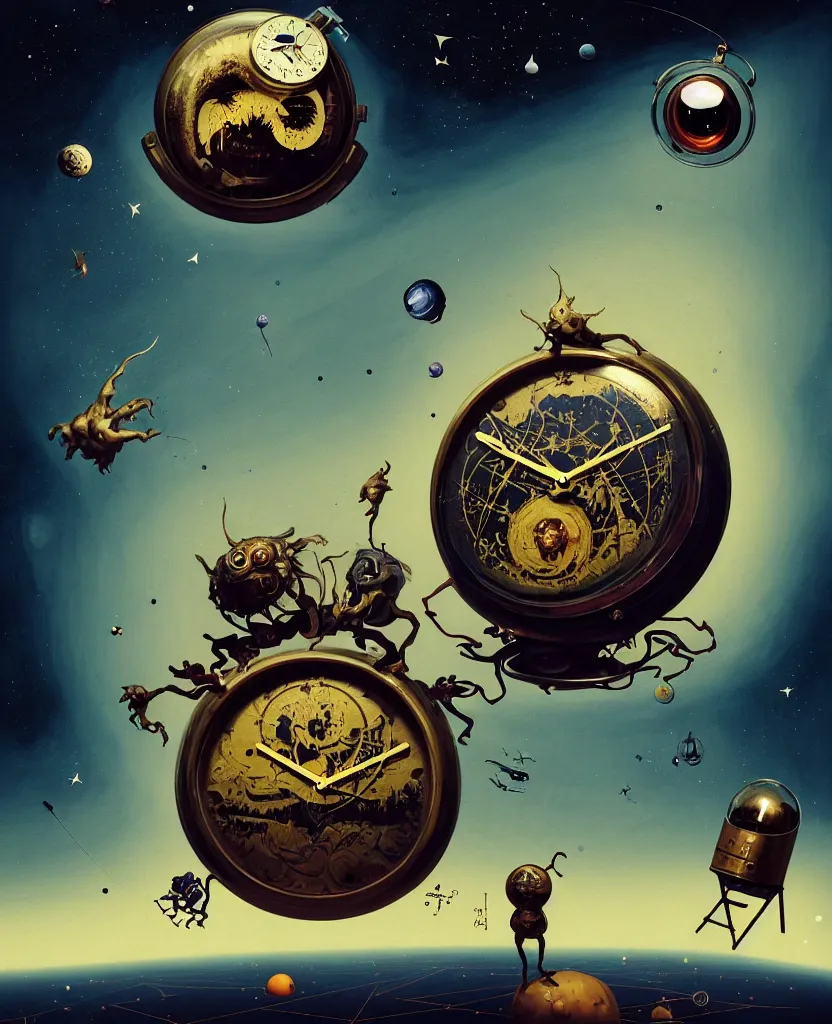 Image similar to duotone surreal illustration 3 / 4 portrait of chimeric monster measuring time on salvadore dali clock in outer space, dark starry background. golden ratio accidental renaissance. by sachin teng and sergey kolesov and ruan jia and heng z. graffiti art, scifi, fantasy, hyper detailed. octane render. concept art. trending on artstation