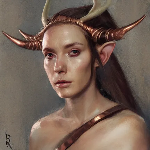 Image similar to A head-on, symmetrical, head and shoulders detailed oil portrait of an elf woman with small horns of copper wearing a simple white robe, by greg rutkowski, trending on artstation, dungeon and dragons art