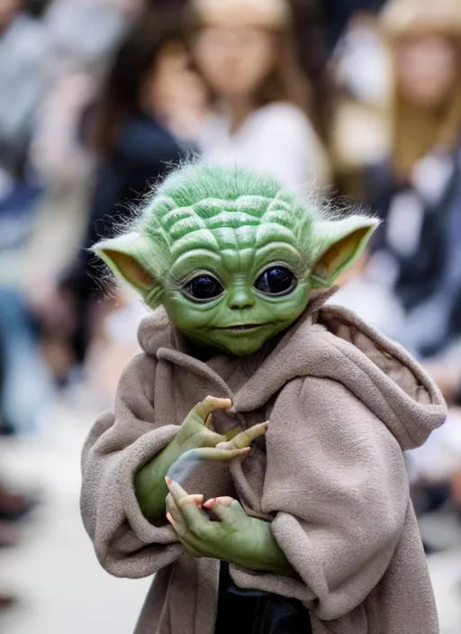 Image similar to hyperrealistic and heavy detailed balenciaga runway show of baby yoda, leica sl 2 5 0 mm, vivid color, high quality, high textured, real life, cute face