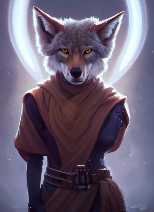 Image similar to beautiful portrait of a female anthro coyote wearing jedi robes. character design by charlie bowater, ross tran, artgerm, and makoto shinkai, detailed, soft lighting, rendered in octane