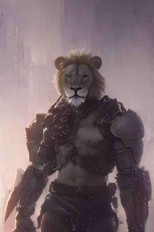 Image similar to portrait male anthro lion character full body precis no blur, concept art, character sheet, nier automata, gaston bussiere, greg rutkowski, tsutomu nihei, cyberpunk, trending on artstation, featured on pixiv, hyper detail, cinematic composition, 8 k