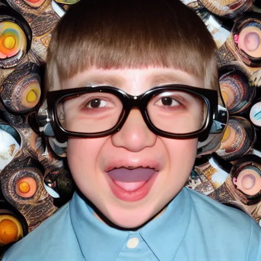 Image similar to an annoying nerd, buck teeth, bowl cut, fisheye lens