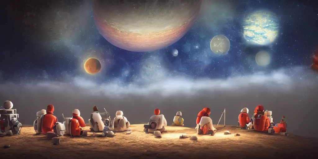 Image similar to twelve astronauts sitting by the river with a big holiday cake + octane render + planets and stars + mystical fog, super detail, high quality