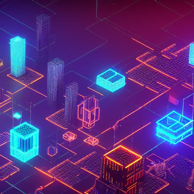 Image similar to 3 d render of glowing futuristic voxel blocks tied together with chains, cubes connected with wires, in the distance a cyberpunk blockchain city is seen, blockchain, symmetry, painted, intricate, volumetric lighting, beautiful, rich deep colors masterpiece, sharp focus, ultra detailed, in the style of dan mumford and marc simonetti