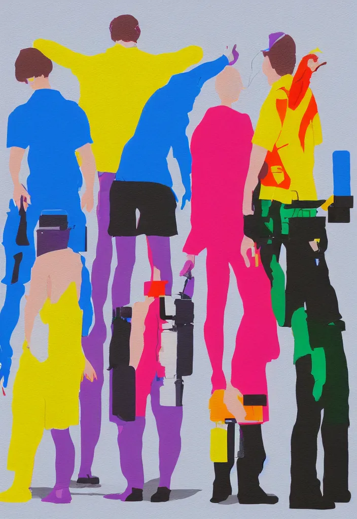 Image similar to full body portrait of a trio of european tourists with nikon cameras, rear views, character designs painting, in the style of wes anderson, rene magritte, lola dupre, david hockney, isolated on white background, dark monochrome neon spraypaint accents volumetric octane render