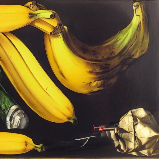Prompt: banana on a cruzifix, bliblical, epic, some monster, caravaggio