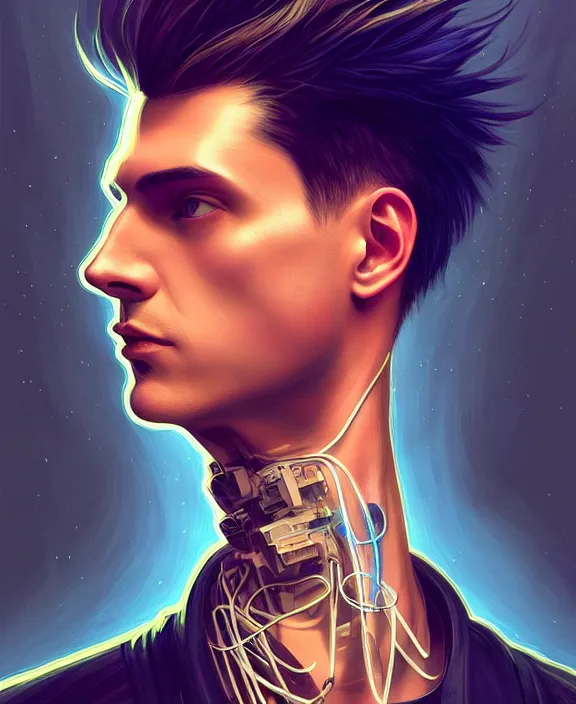 Image similar to a whirlwind inside the metaverse, guy, male, man, science, machine face, fashionable haircut, piercing, half body, neurochip, android, cyberpunk face, by loish, d & d, fantasy, intricate, elegant, highly detailed, colorful, digital painting, artstation, concept art, art by artgerm and greg rutkowski and alphonse mucha