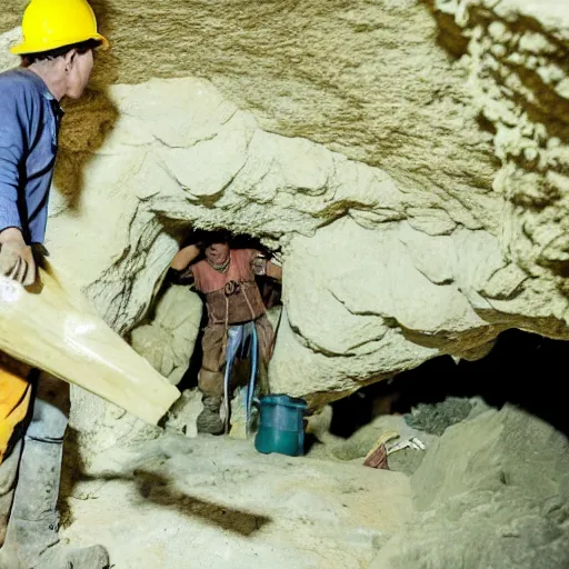 Image similar to pepe the miner in a cave, workers, construction, mining, rocks