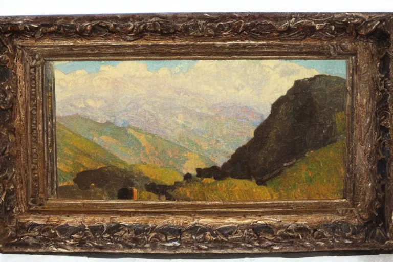 Image similar to Italian mountain scene painted in the style of money and Redon