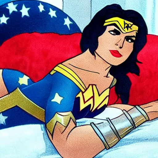 Image similar to wonder woman tied to a bed