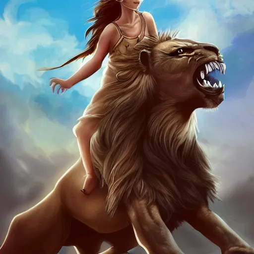 Prompt: a girl riding a lion, trending on artstation