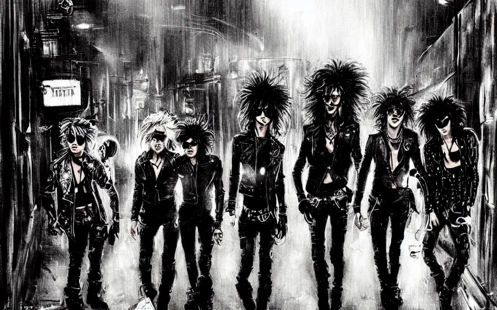 Image similar to !dream concept art, four glam rockers dressd as a mix of hooligans and whores, walking down a dark wet london alley at night, by ashley wood, by roger deakins, atmospheric