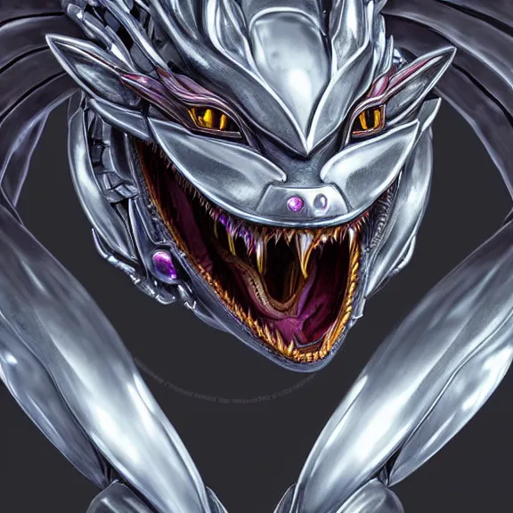 Image similar to detailed close maw shot of a gigantic goddess elegant beautiful stunning anthropomorphic hot robot mecha female dragon, eating a spaceship whole, with sleek silver metal armor and cat ears, OLED visor over eyes, micro art, prey, vore, digital art, mawshot, dragon vore, dragon maw, furry art, high quality, 8k 3D realistic, macro art, micro art, Furaffinity, Deviantart, Eka's Portal, G6