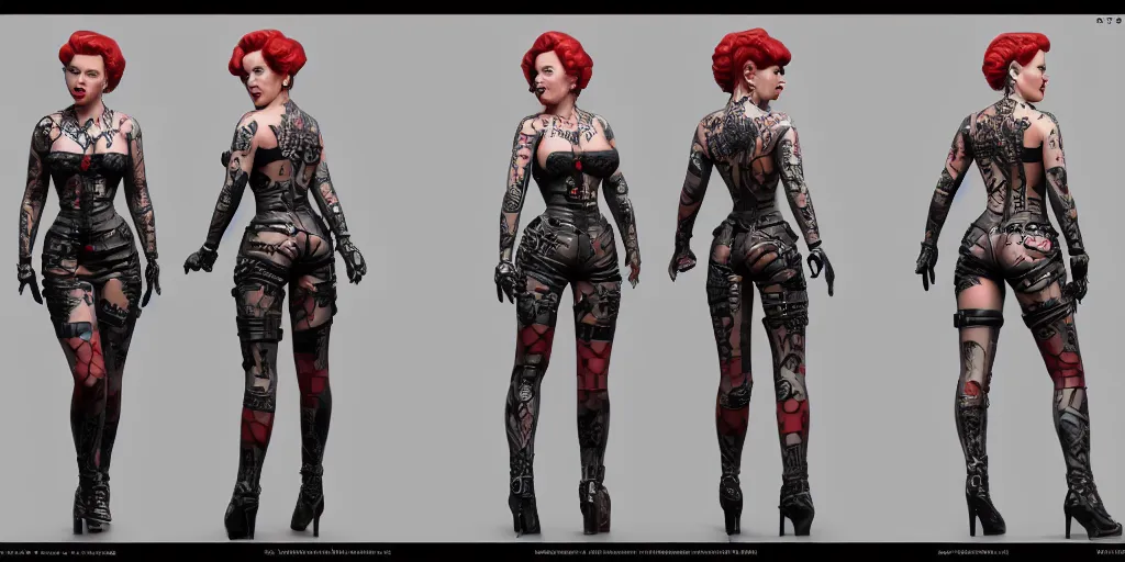 Image similar to scarlett johansson as an armored tattooed pinup rockabilly warrior, character sheet, concept design, contrast, hot toys, 3 d print, kim jung gi, greg rutkowski, zabrocki, karlkka, jayison devadas, trending on artstation, 8 k, 3 d model, photo, realistic, octane render, ultra wide angle, pincushion lens effect