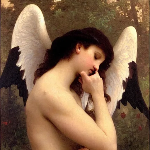 Image similar to a glorious oil painting of an angel talking with an iPhone, by Bouguereau, highly realistic and intricate