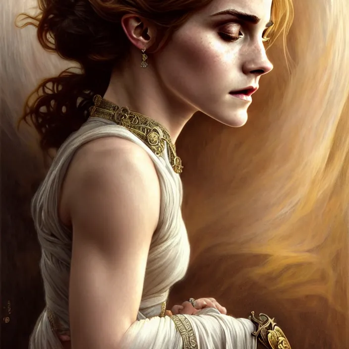 Prompt: ancient high queen emma watson, symetrical, diffuse lighting, fantasy, intricate, elegant, highly detailed, lifelike, photorealistic, digital painting, artstation, illustration, concept art, 4 k, smooth, sharp focus, art by john collier and albert aublet and krenz cushart and artem demura and alphonse mucha
