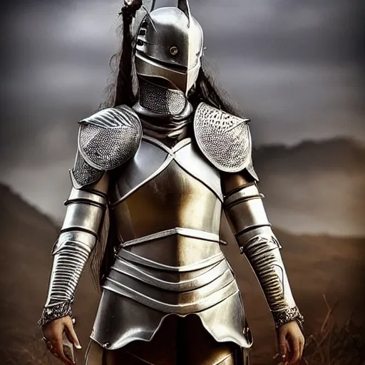 Image similar to a beautiful female knight without any battle experience who only came to see a dragon, symmetrical, cinematic, real photography