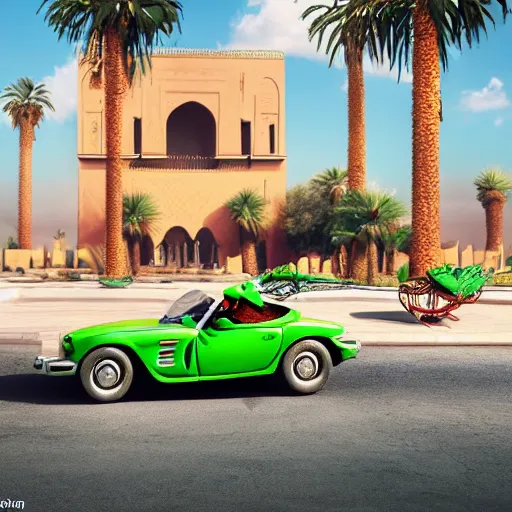 Image similar to side photo of a kermit the frog driving a mercedes in marrakech, morocco, palm trees, 8 k, octane render, hyperdetailed, illustration, digital painting, oil painting