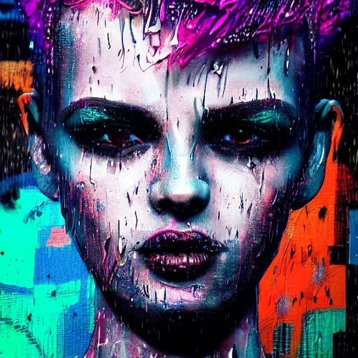 Image similar to splashes of neon, mowhawk, punk portrait made out of paint with rain in the background, trending on artstation, epic composition, emotional, beautiful, rendered in octane, highly detailed, realistic, tim burton comic book art, sharp focus, matte painting, unreal engine