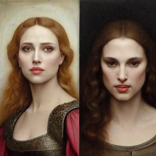 Prompt: painting of scarlet johansson and natalie portman, by jan van eyck, tom bagshaw, jean delville, william bouguereau, albrecht durer