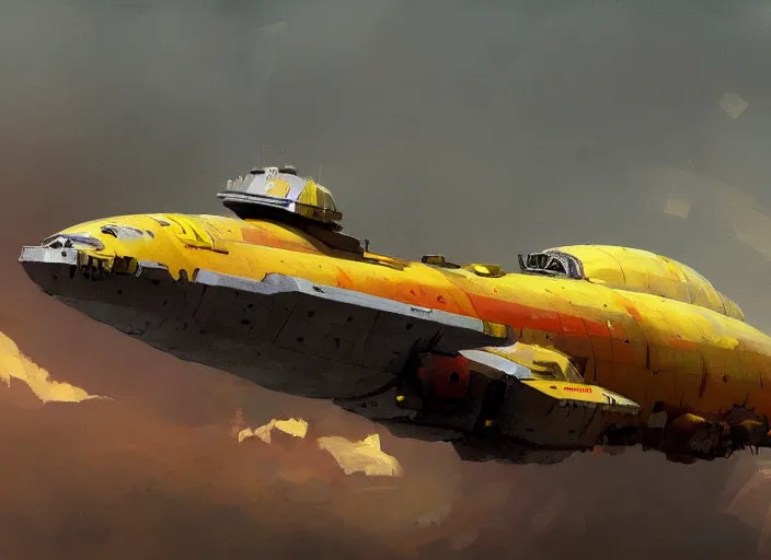 Image similar to a painting of a futuristic yellow submarine plane flying through the sky, red wings, concept art by Ian McQue, cgsociety, highly detailed, artstation, concept art, sci-fi