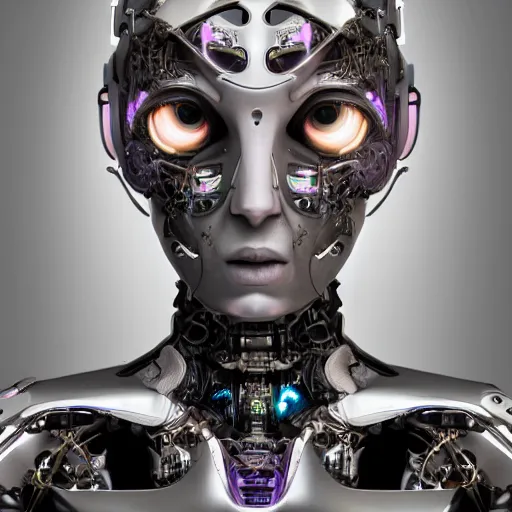 Image similar to An extremely beautiful biomechanical female looking robot with Emoji tattoos, chimeric organism, pale skin, organic polycarbon, full frontal portrait, ex machina, highly detailed, mendelbrot fractal, ray tracing, hyperdetailed, hyperrealistic, oppai cyberpunk, octane render, hdr, uhd 4k