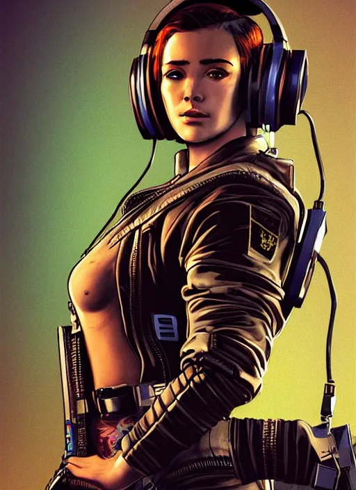 Image similar to Beautiful Ella. Gorgeous female cyberpunk mercenary wearing a cyberpunk headset, military vest, and pilot jumpsuit. gorgeous face. Concept art by James Gurney and Laurie Greasley. Moody Industrial skyline. ArtstationHQ. Realistic Proportions. Creative character design for cyberpunk 2077.