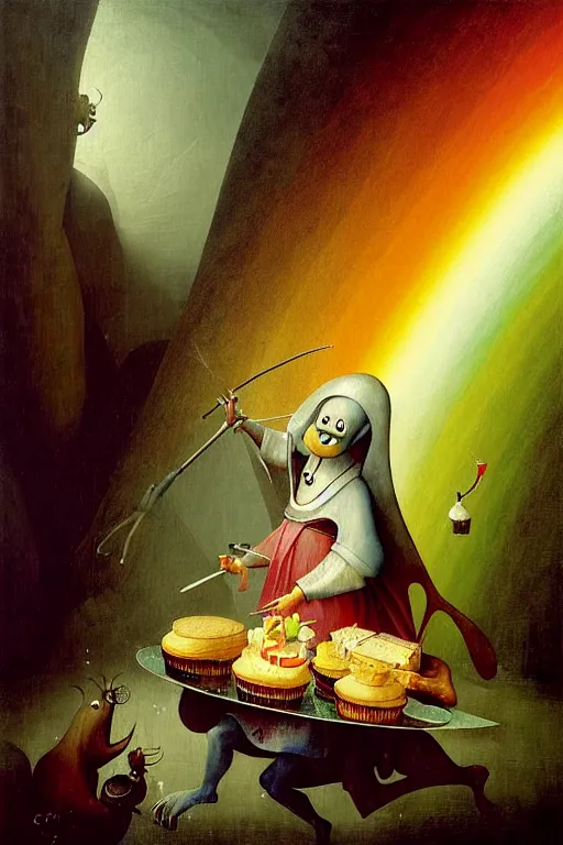 Image similar to hieronymus bosch, greg rutkowski, anna podedworna, painting of a happy rainbow jester with a birthday cake, smiling, uplifting