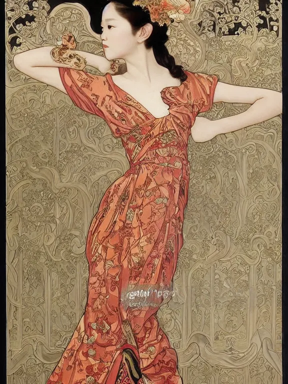 Prompt: an art nouveau painting of a pretty young zhang ziyi, dressed in a traditional, modest chinese intricately embroidered silk gown with a high collar, in front of a carved screen showing a tiger and a dragon, intricate, detailed, smooth, complex, elaborate, by alphonse mucha and james gurney and john william waterhouse