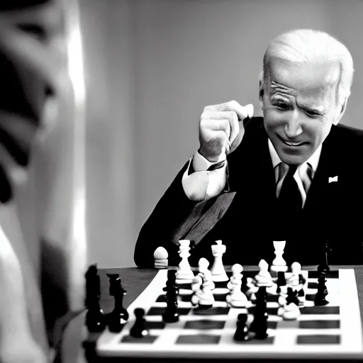 Prompt: joe biden playing chess against a clone of himself joe biden, black and white film, joe biden in the seventh seal