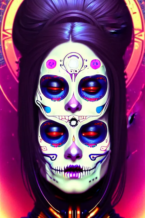 Image similar to ultra detailed, portrait of a female android, eyes closed, sci - fi, triadic color scheme, moody, calm, ( dia de los muertos ), asymmetrical, intricate concept art, art by artgerm and godmachine and michael welan andalphonse mucha and loish and wlop