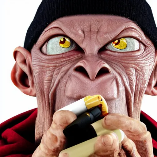 Image similar to Gollum on snowboard with cigarette in mouth, ultra realistic, 8k , beautiful eyes, high detailed