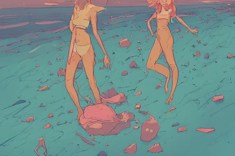 Prompt: a study of cell shaded cartoon of one single girl standing on the left side of a beach, illustration, wide shot, vibrant colors, post grunge, concept art by josan gonzales and wlop, by james jean, Victo ngai, David Rubín, Mike Mignola, Laurie Greasley, highly detailed, sharp focus, alien, Trending on Artstation, HQ, deviantart, art by artgem