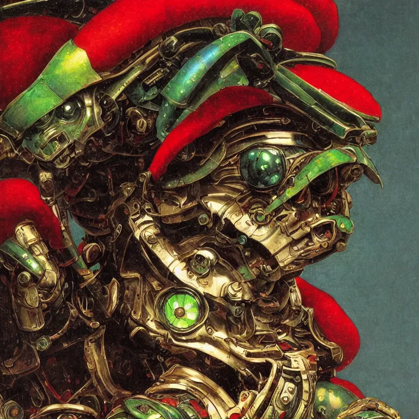 Prompt: a baroque neoclassicist renaissance close - up portrait of a green and red iridescent whimsical 1 8 0 0 s japanese mecha gundam mantis with big glowing eyes. reflective detailed textures. puffy clouds, dark black background. highly detailed fantasy science fic tion painting by moebius, norman rockwell, frank frazetta, and syd mead. rich colors, high contrast. artstation